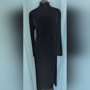 VTG BELLE POINTE BLACK VELVET LONG SLEEVE TYRTLE NECK COLLARED DRESS W/ SZ M